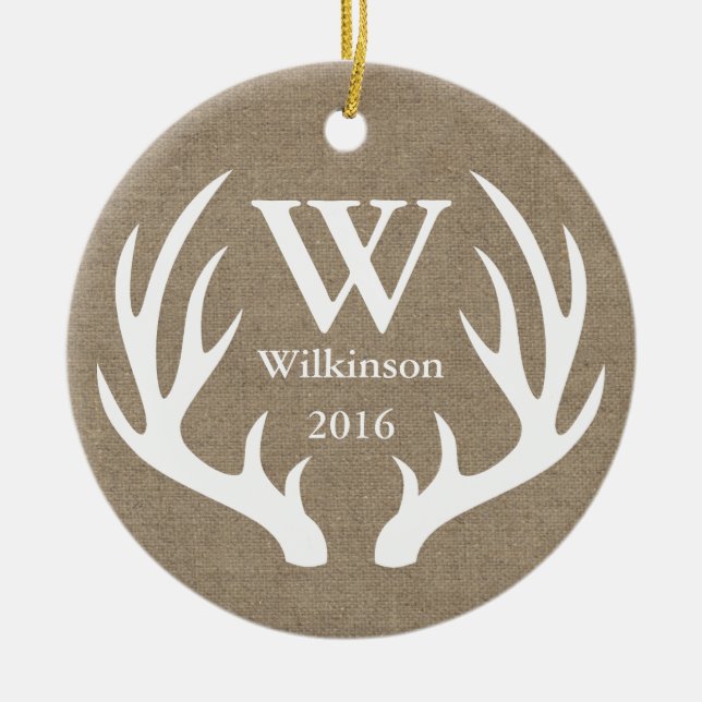 Rustic Farmhouse Deer Antlers Family Photo Ceramic Ornament (Front)