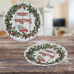 Rustic Farmhouse Distressed Wood Red Truck Paper Plate