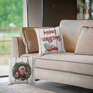 Rustic Farmhouse Distressed Wood Red Truck Throw Pillow