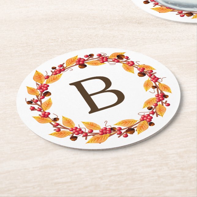 Rustic Farmhouse Fall Wreath | Monogram Round Paper Coaster (Angled)