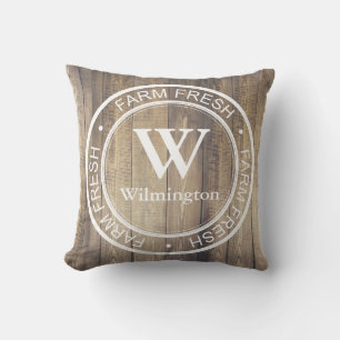 Rustic Farmhouse Family Name Farm Fresh Label Throw Pillow