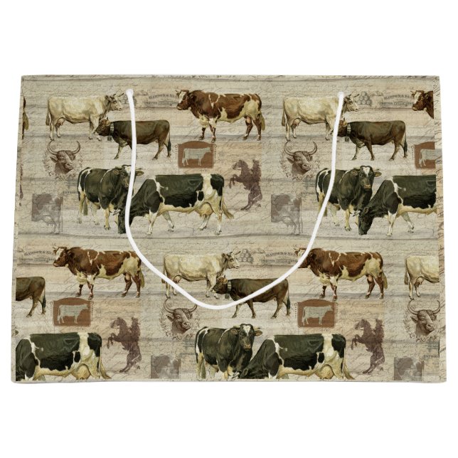 Rustic Farmhouse Farm Cow Wooden Pattern Masculine Large Gift Bag (Front)