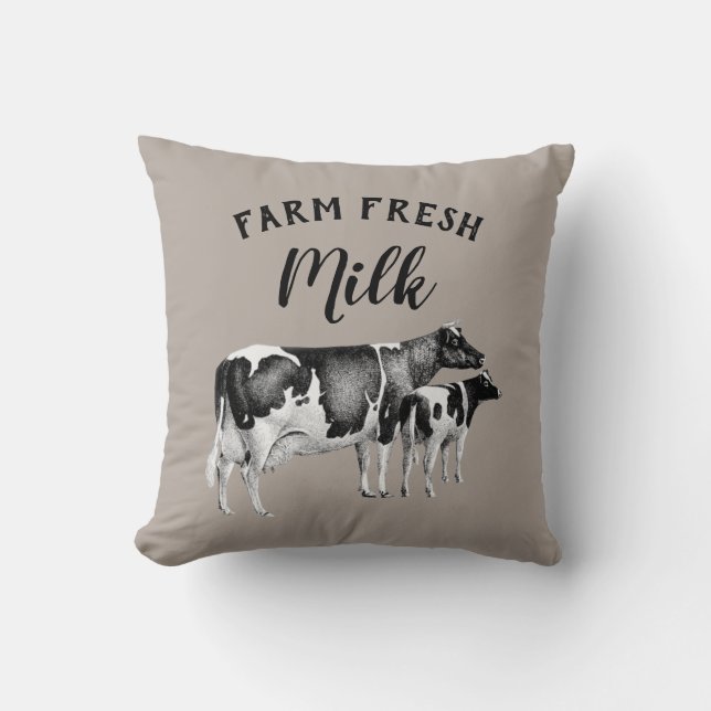 Rustic Farmhouse Farm Fresh Milk Cow Calf | Taupe Throw Pillow (Front)