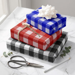 Rustic Farmhouse Gingham Plaid Black Blue Red Wrapping Paper Sheet