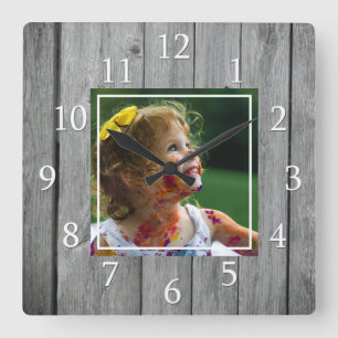 Rustic Farmhouse Gray Wood Custom Photo Square Wall Clock