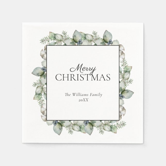 Rustic Farmhouse Greenery Merry Christmas Napkin (Front)