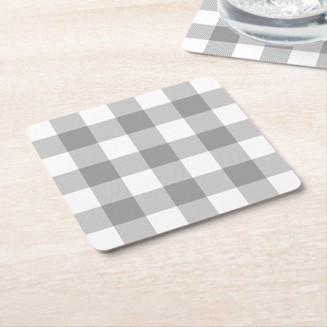 Rustic Farmhouse Grey Buffalo Check Plaid Square Paper Coaster (Angled)