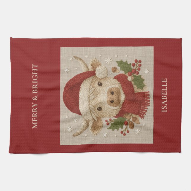  Rustic farmhouse Highland Cow with Santa Hat Kitchen Towel (Horizontal)
