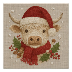 Rustic farmhouse Highland Cow with Santa Hat Poster
