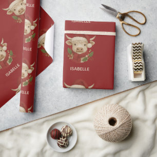  Rustic farmhouse Highland Cow with Santa Hat  Wrapping Paper