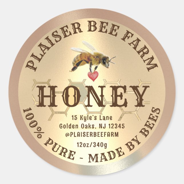 Rustic Farmhouse Honeybee Heart Golden Comb  Classic Round Sticker (Front)
