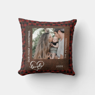 Rustic Farmhouse Leather & Plaid Christmas Family Throw Pillow