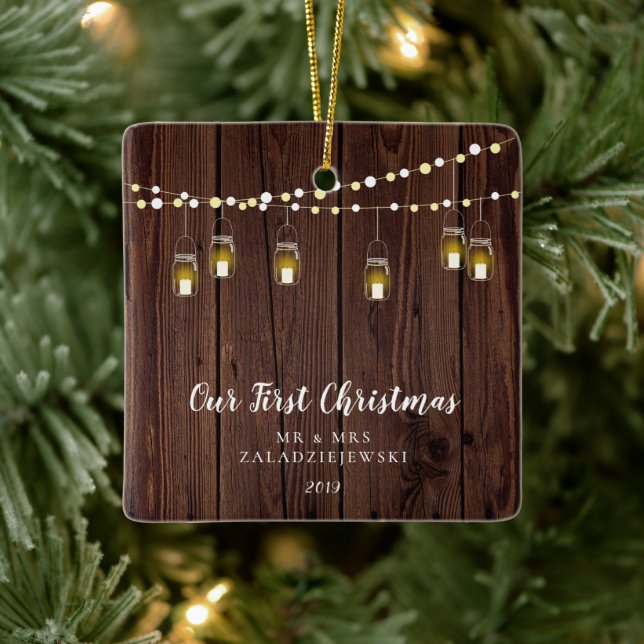 Rustic Farmhouse Mason Jar Our First Christmas Ceramic Ornament (Tree)