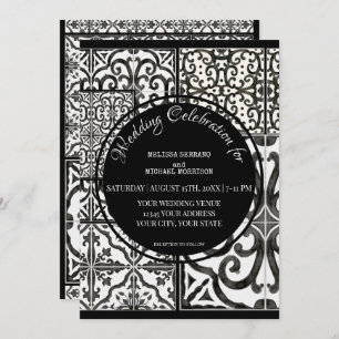 Rustic Farmhouse Modern Tile Black White Wedding Invitation