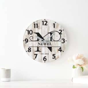 Rustic Farmhouse N Monogram Large Clock