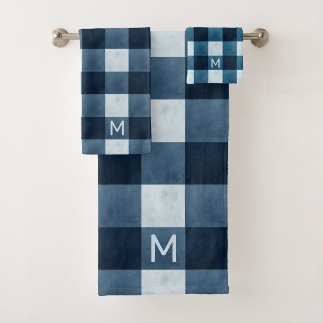 Rustic Farmhouse Navy Blue Buffalo Check Monogram Bath Towel Set (Insitu)