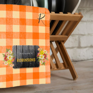 Rustic farmhouse orange gingham floral monogrammed kitchen towel