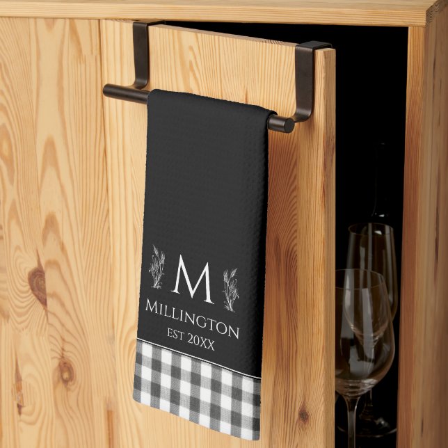 Rustic Farmhouse Personal Monogram Black and White Kitchen Towel (Thirds Fold)