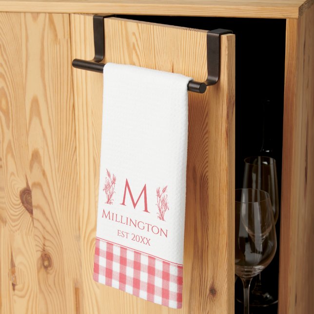 Rustic Farmhouse Personalized Monogram Red Gingham Kitchen Towel (Thirds Fold)