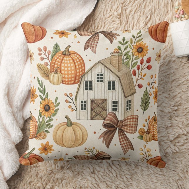 Rustic Farmhouse Pumpkin Autumn Pattern Throw Pillow (Blanket)