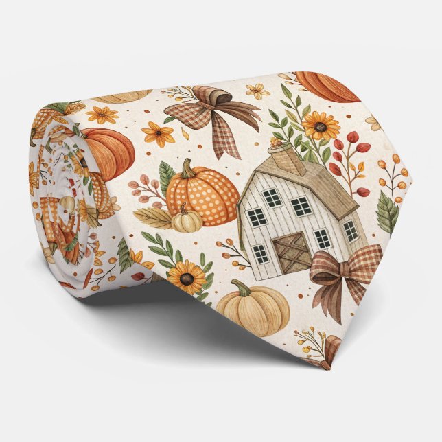 Rustic Farmhouse Pumpkin Autumn Pattern Tie (Rolled)