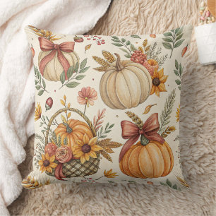 Rustic Farmhouse Pumpkin Sunflower in Autumn Tones Throw Pillow