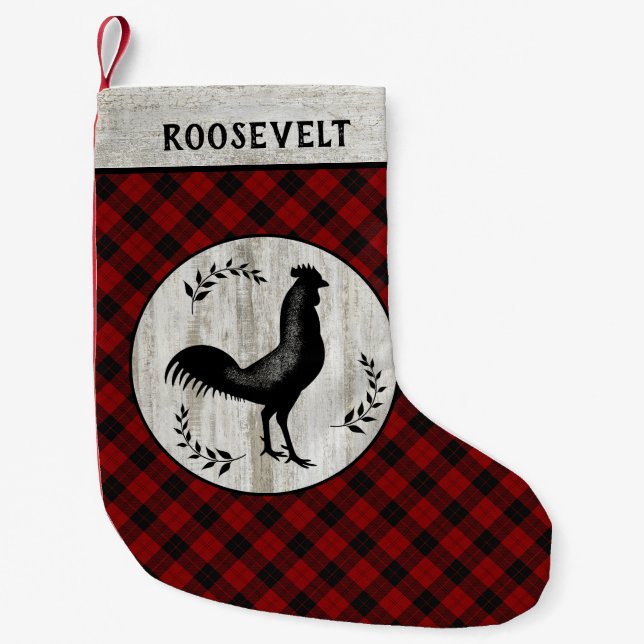 Rustic Farmhouse Rooster Buffalo Plaid Custom Name Small Christmas Stocking (Front)