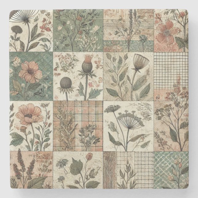 Rustic Farmhouse Sage Green Patchwork Wildflower  Stone Coaster (Front)