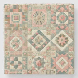 Rustic Farmhouse Sage Green Patchwork Wildflower Stone Coaster