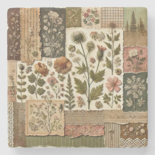 Rustic Farmhouse Sage Green Patchwork Wildflower Stone Coaster
