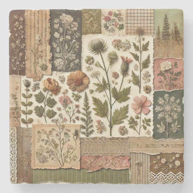 Rustic Farmhouse Sage Green Patchwork Wildflower  Stone Coaster (Front)