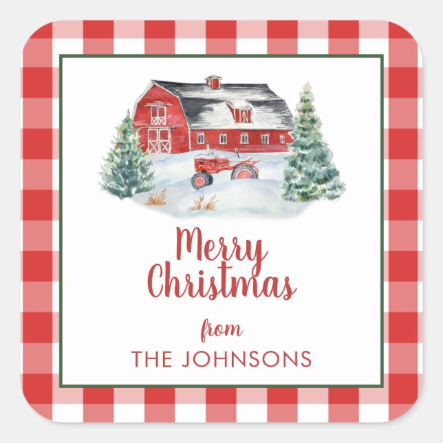 Rustic Farmhouse Shiplap Tractor Snow Christmas Square Sticker (Front)