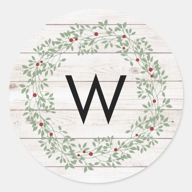 Rustic Farmhouse Shiplap with Wreath | Monogram Classic Round Sticker (Front)