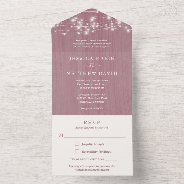 Rustic Farmhouse String Lights Wedding All In One  All In One Invitation (Inside)