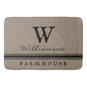 Rustic Farmhouse Style Burlap Family Name Country  Bath Mat