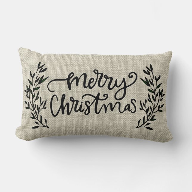 Rustic Farmhouse Style Laurel Merry Christmas Lumbar Pillow (Front)