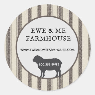 Rustic Farmhouse Style Sheep Black Tan Ticking Classic Round Sticker