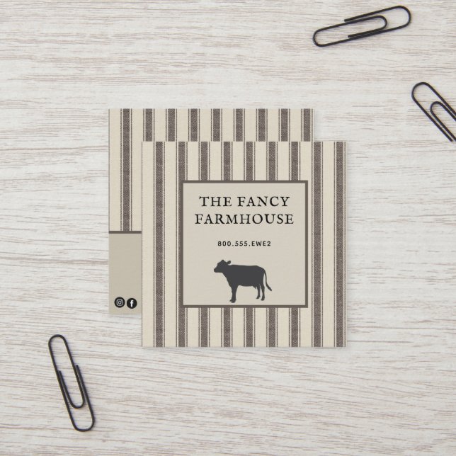 Rustic Farmhouse Style Ticking  Square Business  Square Business Card (Front/Back In Situ)