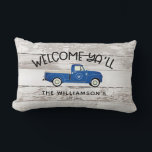Rustic Farmhouse Style Vintage Truck Family Name Lumbar Pillow<br><div class="desc">Rustic Farmhouse Vintage Style Vintage Truck Family Name Lumbar Pillow - Country Pillow features a vintage blue pick up truck with your family initial inside a laurel wreath. Also personalized with your family name and the year your home was established. Also available on dark barnwood, </div>