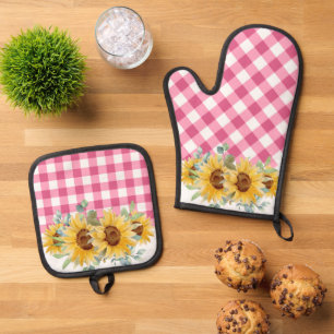 Rustic Farmhouse Sunflowers Pink Gingham  Oven Mitt & Pot Holder Set