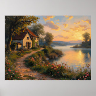 Rustic Farmhouse Sunrise Landscape Poster
