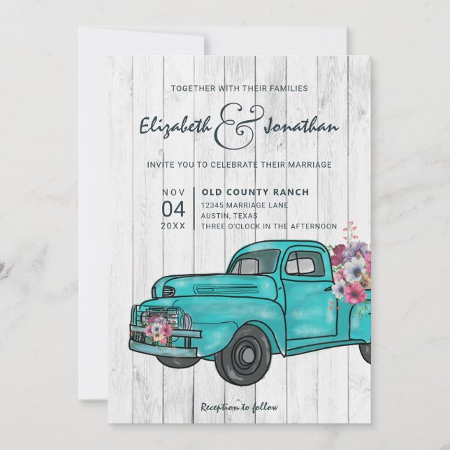Rustic Farmhouse Teal Vintage Truck Boho Wedding Invitation (Front)