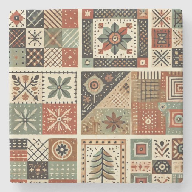 Rustic Farmhouse Terracotta Patchwork Quilt Floral Stone Coaster (Front)