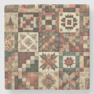 Rustic Farmhouse Terracotta Patchwork Quilt Floral Stone Coaster