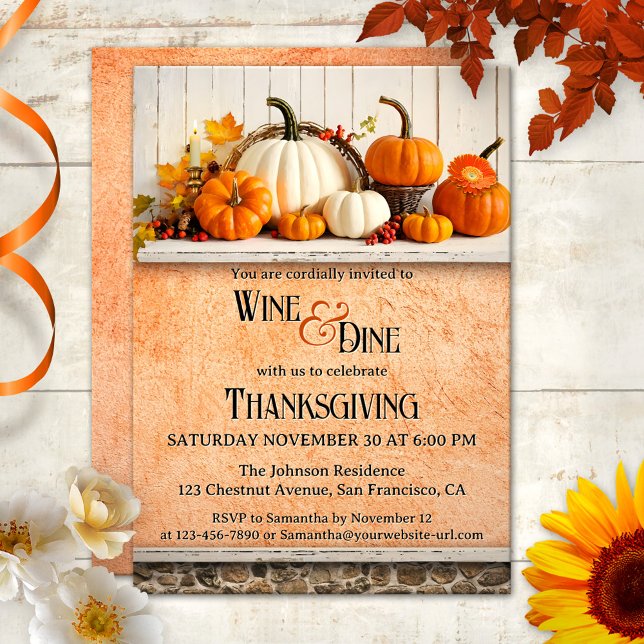 Rustic Farmhouse Thanksgiving Dinner Party  Invitation (Rustic Thanksgiving dinner party invitation featuring pumpkins in an elegant farmhouse ambiance)