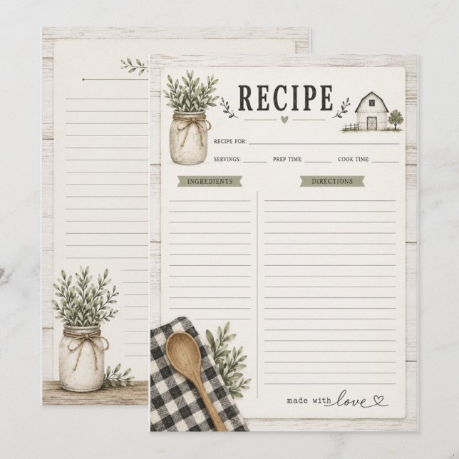 Rustic Farmhouse Theme Recipe Card (Front/Back)