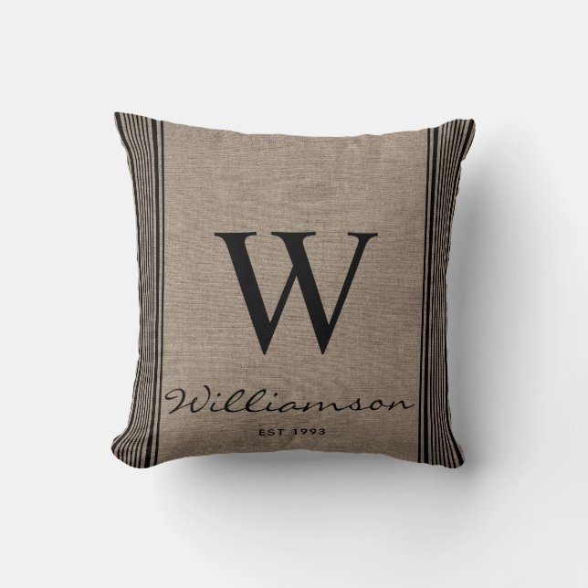 Rustic Farmhouse Ticking Stripe Burlap Monogram  Throw Pillow (Front)