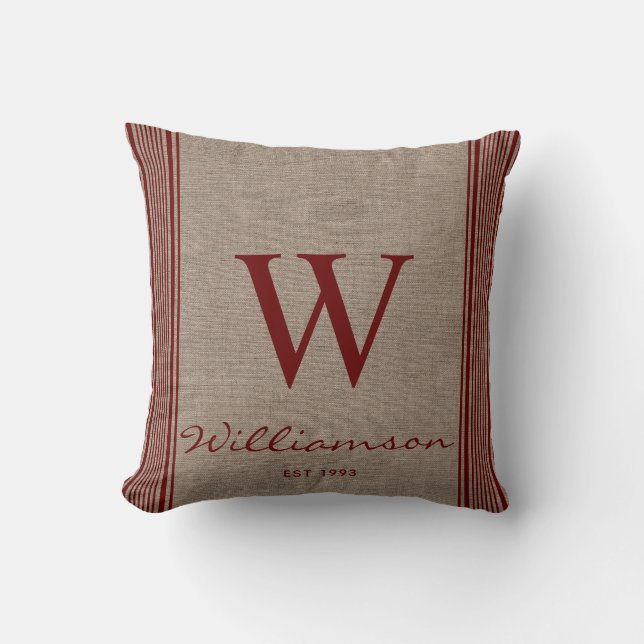 Rustic Farmhouse Ticking Stripe Burlap Monogram  Throw Pillow (Front)