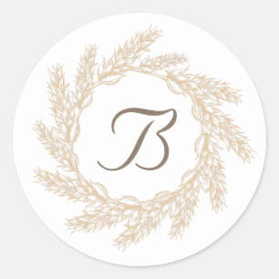 Rustic Farmhouse Wheat Wreath   Monogram Classic Round Sticker