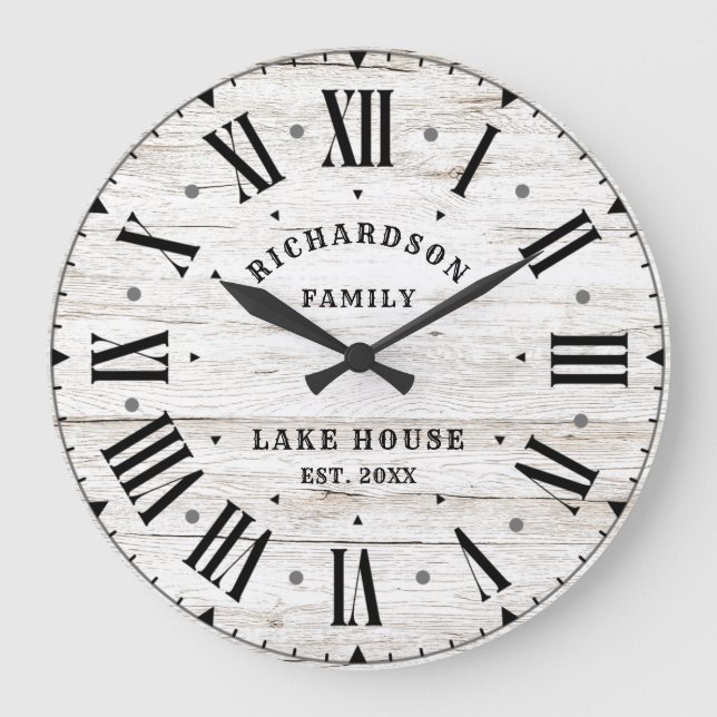 Rustic Farmhouse White Barn Wood Personalized Name Large Clock (Front)